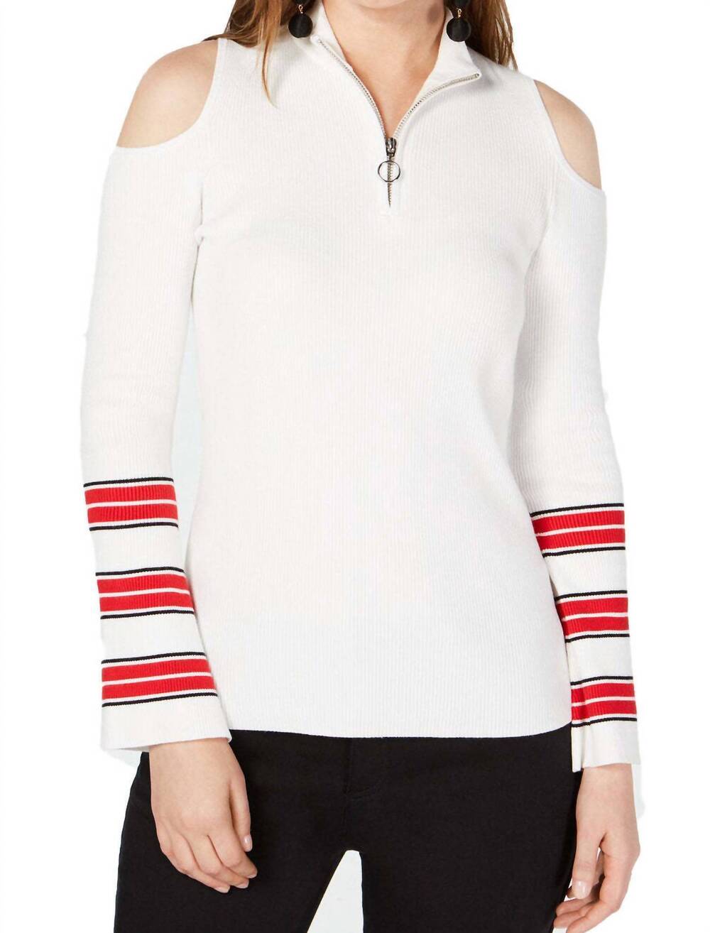 NEW I.N.C. INTERNATIONAL CONCEPTS zip front cold shoulder sweater in washed whit